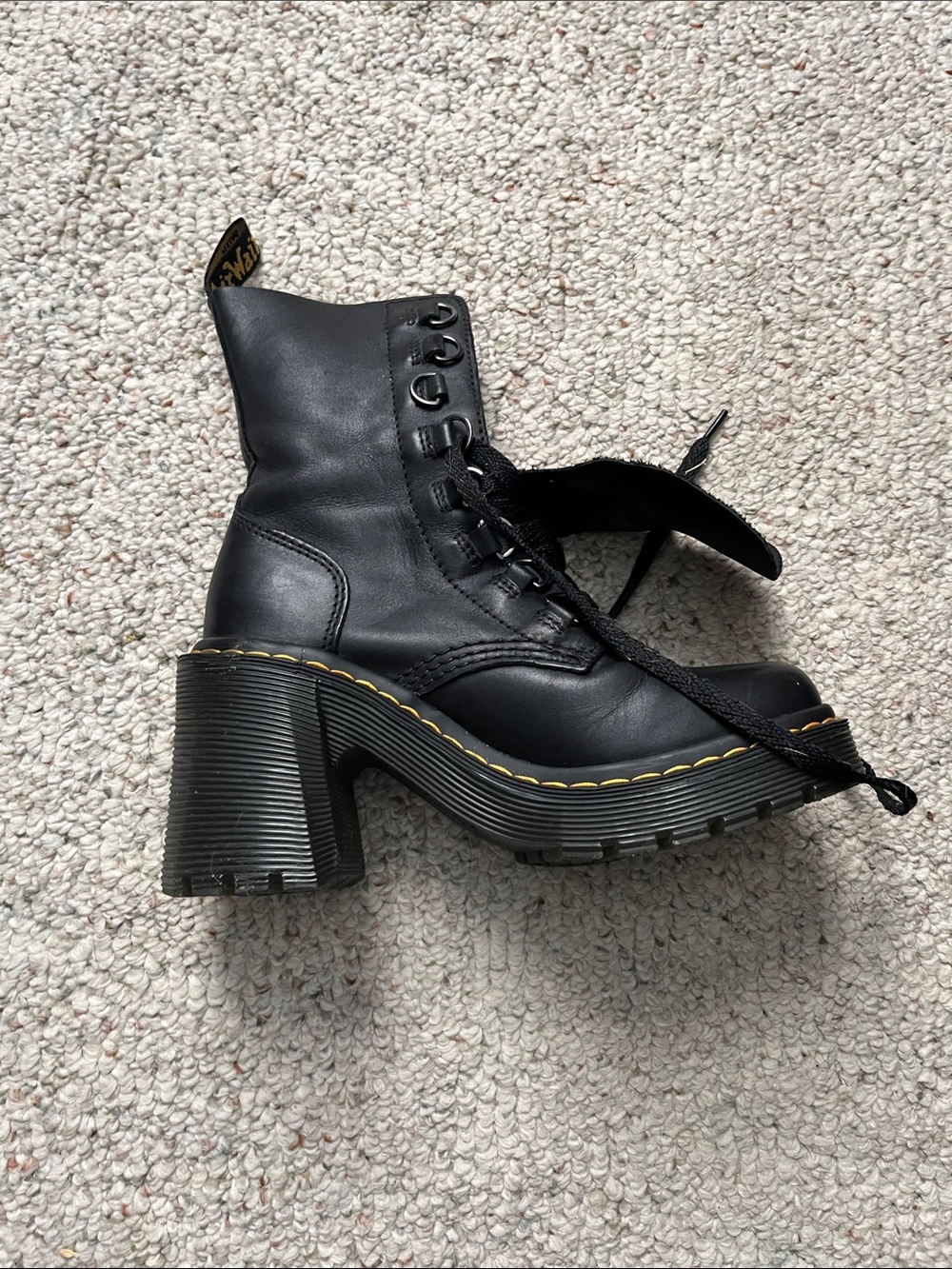Dr. Martens Black Lace-Up Platform Heel Boots with Yellow Stitching - Picture 7 of 12